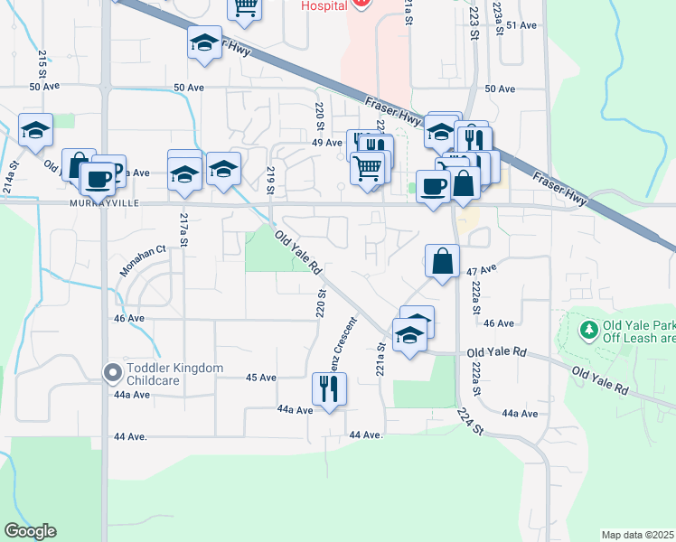 map of restaurants, bars, coffee shops, grocery stores, and more near 22019 Old Yale Road in Langley