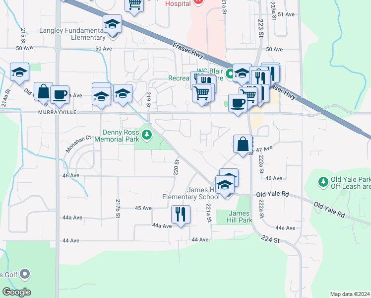 map of restaurants, bars, coffee shops, grocery stores, and more near 22019 Old Yale Road in Langley Township