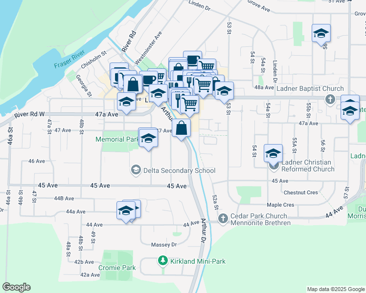 map of restaurants, bars, coffee shops, grocery stores, and more near 4651 Arthur Drive in Delta