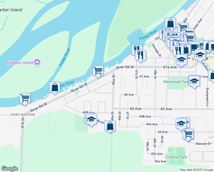 map of restaurants, bars, coffee shops, grocery stores, and more near 4602 Savoy Street in Delta