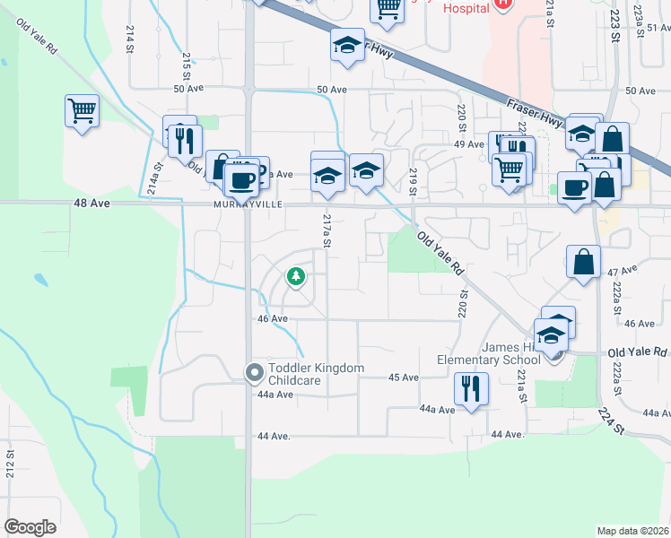 map of restaurants, bars, coffee shops, grocery stores, and more near 4660 217A Street in Langley