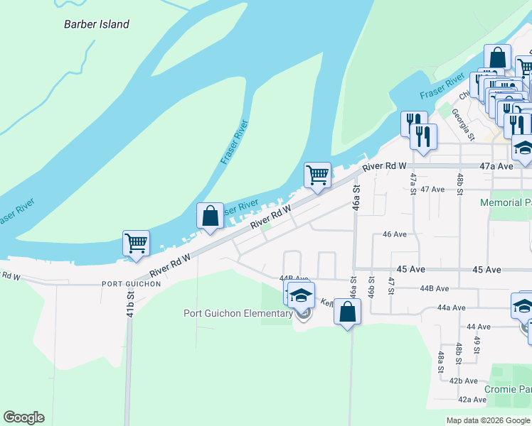 map of restaurants, bars, coffee shops, grocery stores, and more near 4449 River Road West in Delta