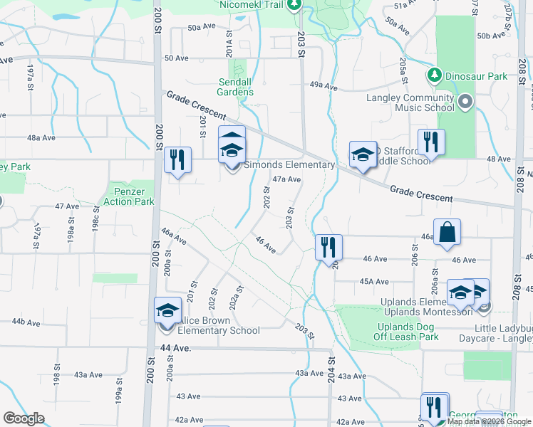 map of restaurants, bars, coffee shops, grocery stores, and more near 4660 202 Street in Langley