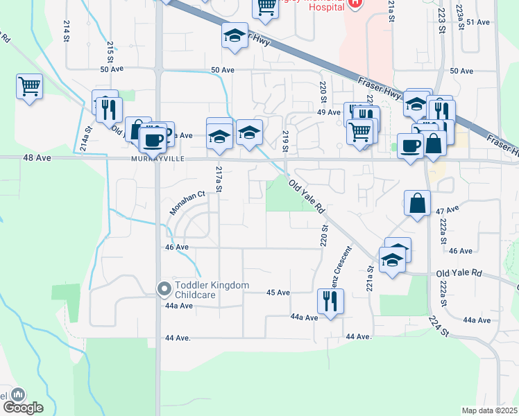 map of restaurants, bars, coffee shops, grocery stores, and more near 4683 218A Street in Langley