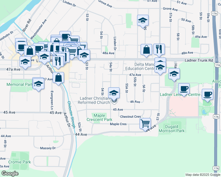 map of restaurants, bars, coffee shops, grocery stores, and more near 4649 54A Street in Delta