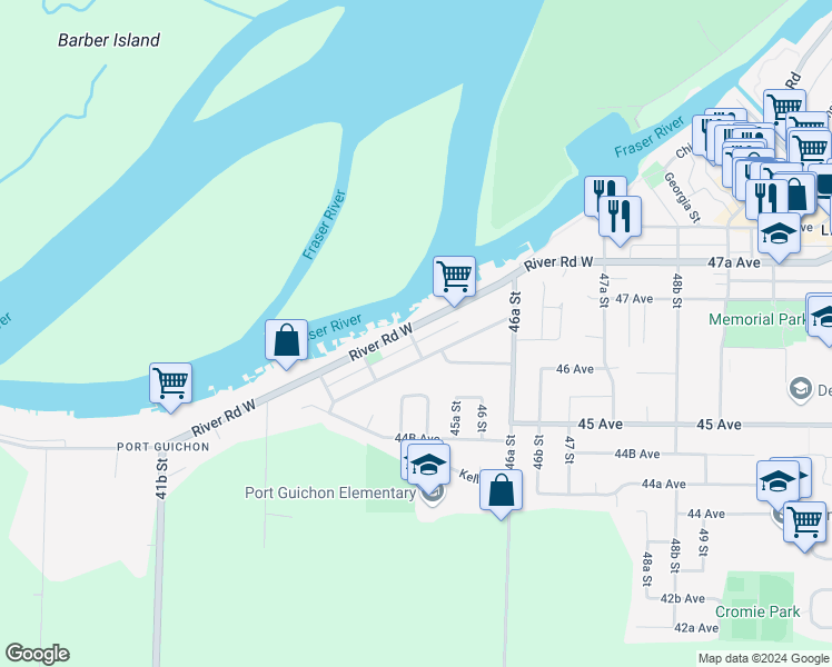 map of restaurants, bars, coffee shops, grocery stores, and more near 4504 River Road West in Delta