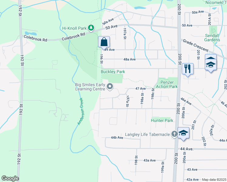 map of restaurants, bars, coffee shops, grocery stores, and more near 19674 47 Avenue in Langley
