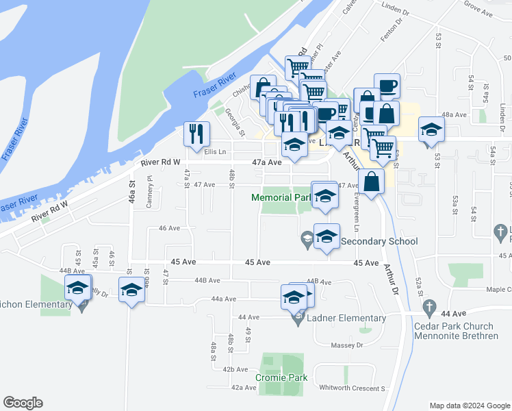map of restaurants, bars, coffee shops, grocery stores, and more near 4651 Garry Street in Delta