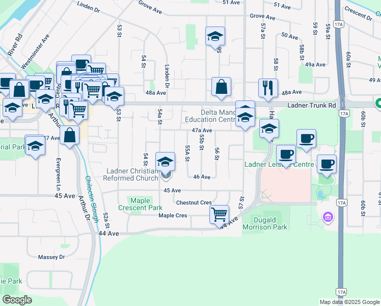 map of restaurants, bars, coffee shops, grocery stores, and more near 4652 55A Street in Delta