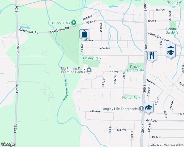 map of restaurants, bars, coffee shops, grocery stores, and more near 19674 47 Avenue in Langley City