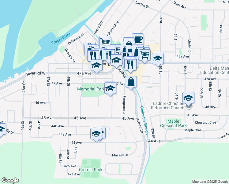map of restaurants, bars, coffee shops, grocery stores, and more near 4654 51 Street in Delta