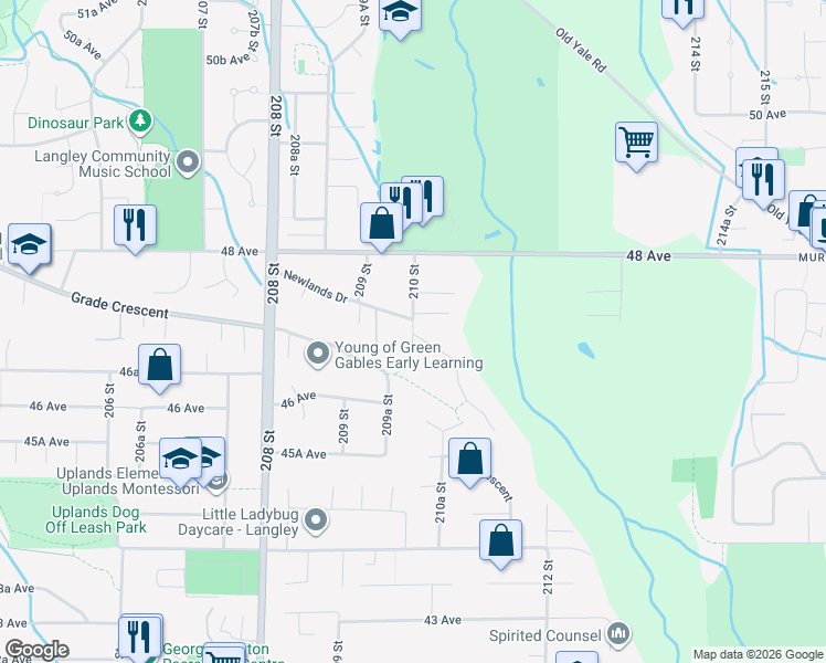 map of restaurants, bars, coffee shops, grocery stores, and more near 210 Street in Langley