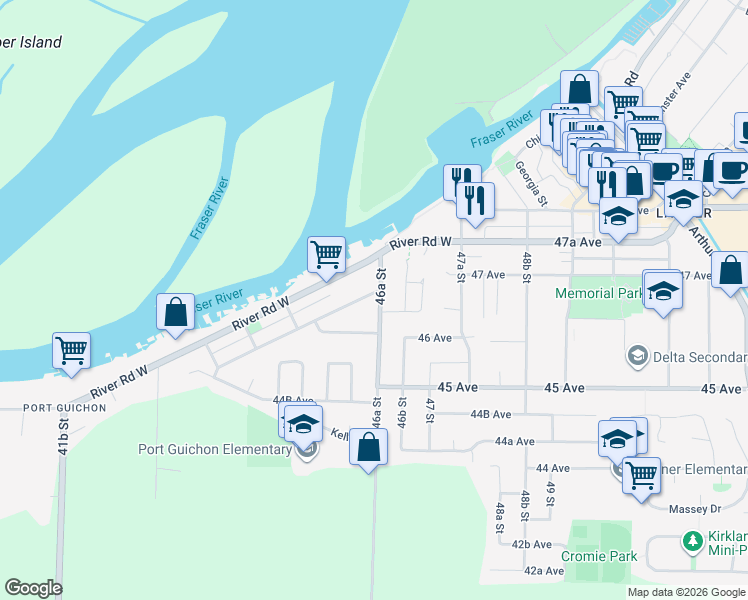 map of restaurants, bars, coffee shops, grocery stores, and more near 4645 46A Street in Delta
