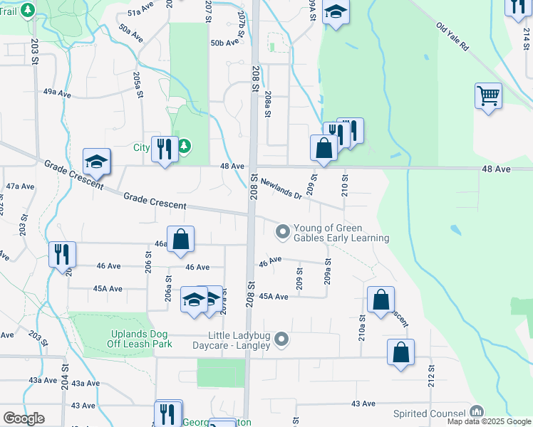 map of restaurants, bars, coffee shops, grocery stores, and more near 20813 47 Avenue in Langley