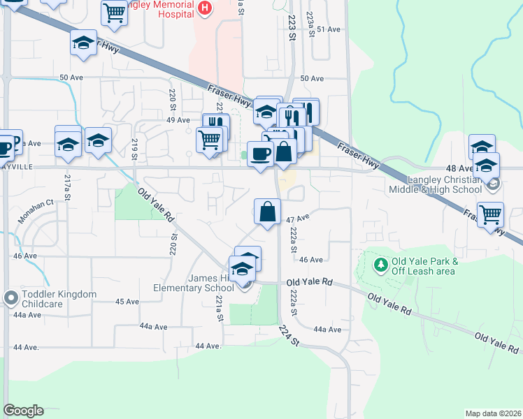 map of restaurants, bars, coffee shops, grocery stores, and more near 4662 221 Street in Langley