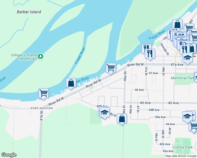 map of restaurants, bars, coffee shops, grocery stores, and more near 4485 River Road West in Delta