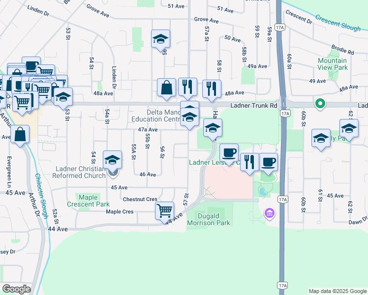map of restaurants, bars, coffee shops, grocery stores, and more near 4659 57 Street in Delta
