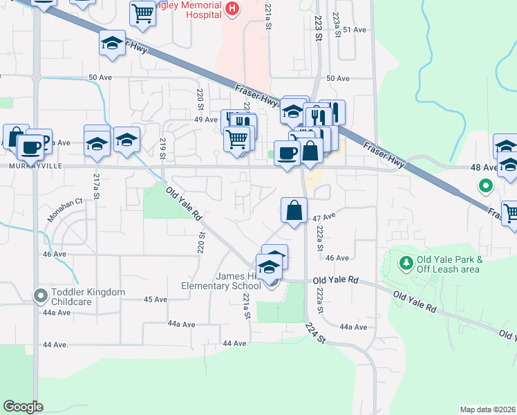 map of restaurants, bars, coffee shops, grocery stores, and more near 4740 221 Street in Langley Township