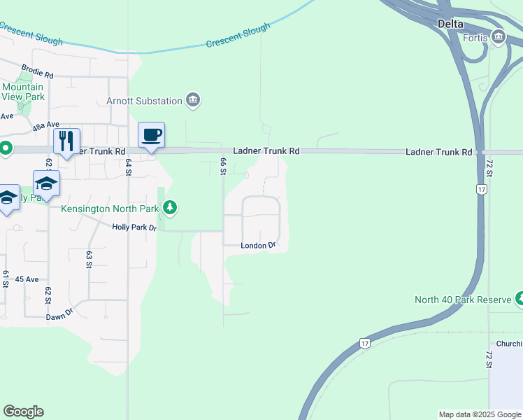 map of restaurants, bars, coffee shops, grocery stores, and more near 6671 London Court in Delta