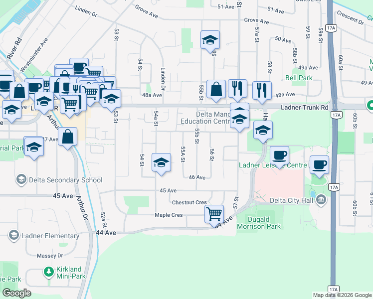 map of restaurants, bars, coffee shops, grocery stores, and more near 4668 55A Street in Delta