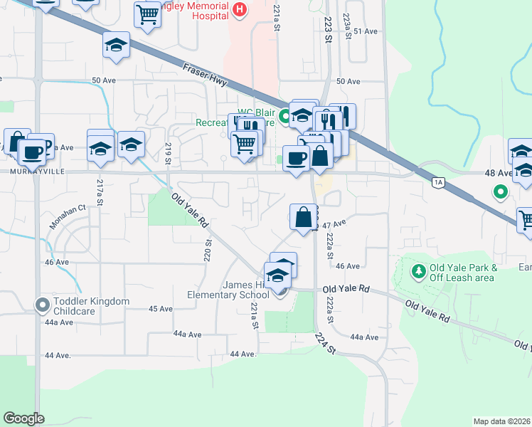 map of restaurants, bars, coffee shops, grocery stores, and more near 46A Avenue in Langley City