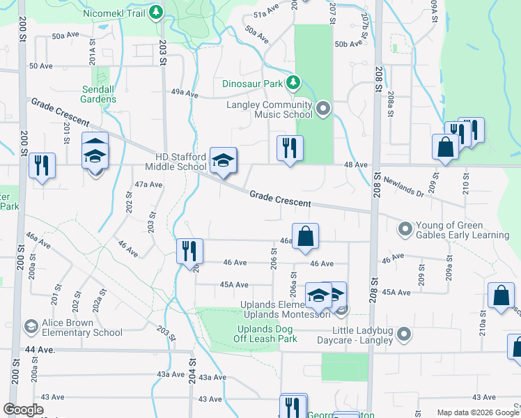 map of restaurants, bars, coffee shops, grocery stores, and more near 20556 Grade Crescent in Langley