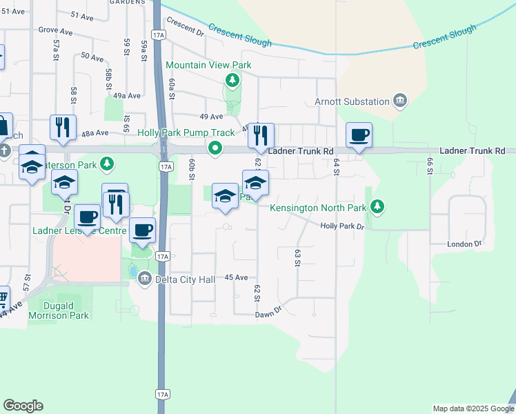 map of restaurants, bars, coffee shops, grocery stores, and more near 4677 64 Street in Delta