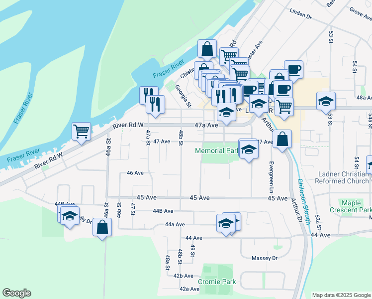 map of restaurants, bars, coffee shops, grocery stores, and more near 4670 48B Street in Delta