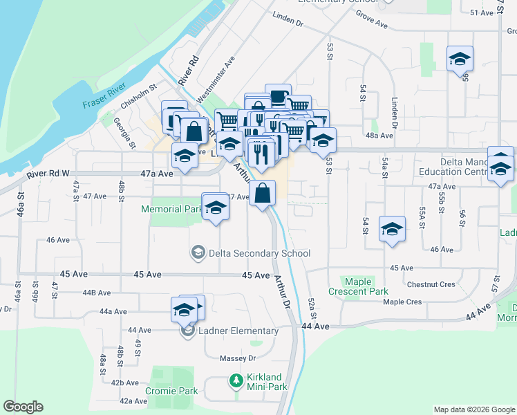 map of restaurants, bars, coffee shops, grocery stores, and more near 4671 Arthur Drive in Delta