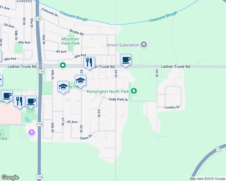 map of restaurants, bars, coffee shops, grocery stores, and more near 4677 64 Street in Delta