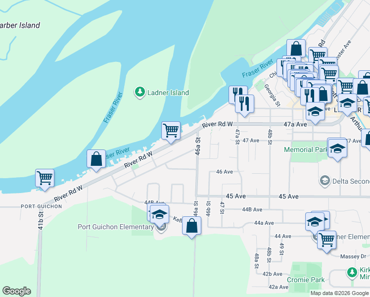 map of restaurants, bars, coffee shops, grocery stores, and more near 4605 Savoy Street in Delta