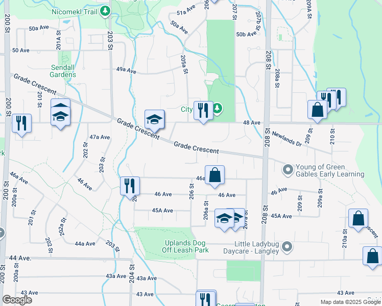 map of restaurants, bars, coffee shops, grocery stores, and more near 20576 Grade Crescent in Langley