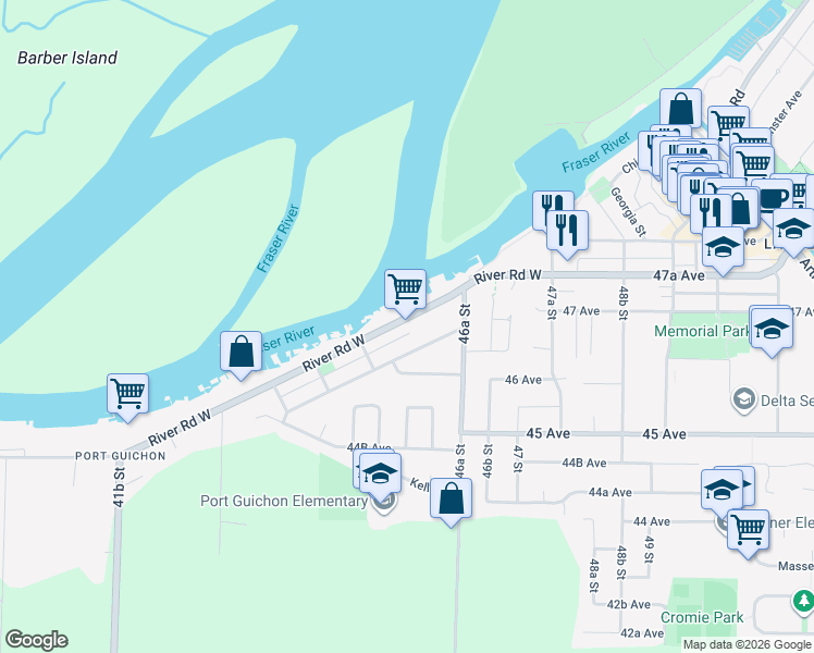 map of restaurants, bars, coffee shops, grocery stores, and more near 4560 River Road West in Delta