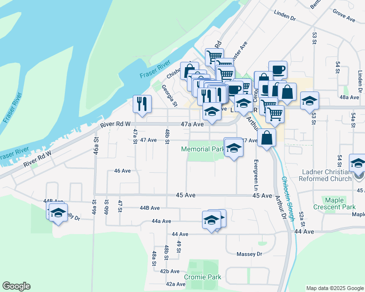 map of restaurants, bars, coffee shops, grocery stores, and more near 4651 Garry Street in Delta