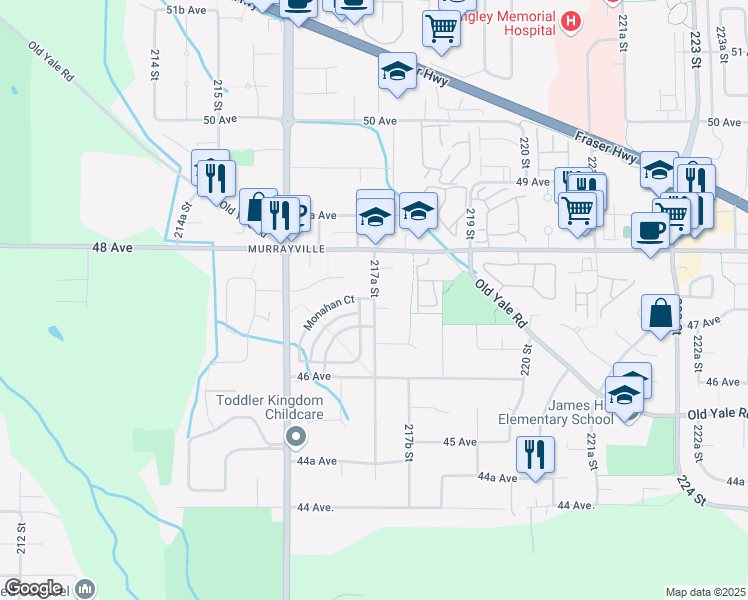 map of restaurants, bars, coffee shops, grocery stores, and more near 4722 217A Street in Langley