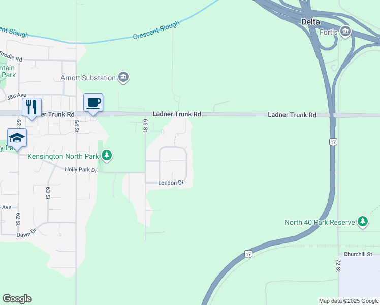 map of restaurants, bars, coffee shops, grocery stores, and more near 6788 London Drive in Delta