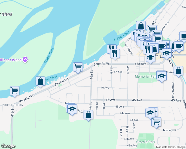 map of restaurants, bars, coffee shops, grocery stores, and more near 4672 46A Street in Delta