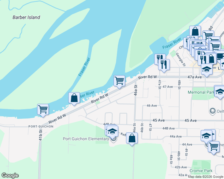 map of restaurants, bars, coffee shops, grocery stores, and more near 4525 River Road West in Delta