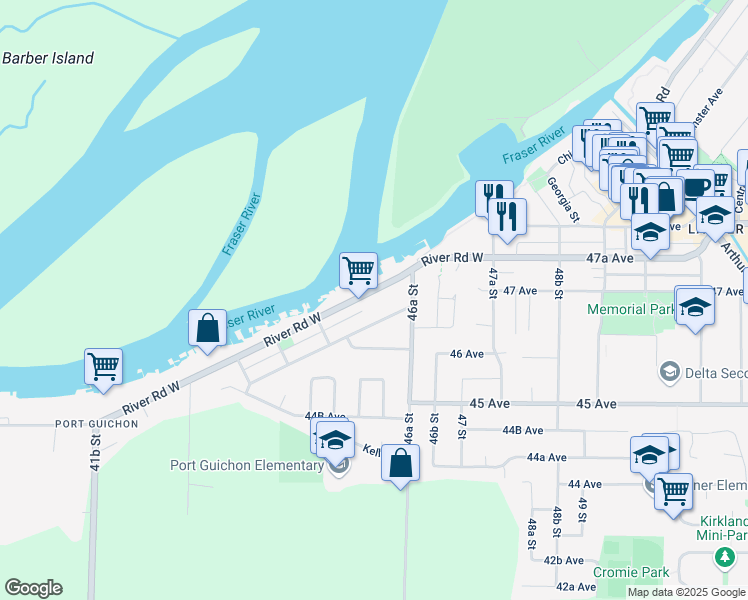 map of restaurants, bars, coffee shops, grocery stores, and more near 4576 River Road West in Delta