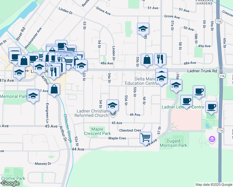 map of restaurants, bars, coffee shops, grocery stores, and more near in Delta