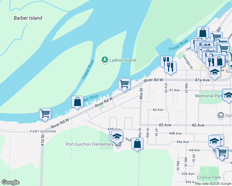 map of restaurants, bars, coffee shops, grocery stores, and more near 4504 River Road West in Delta