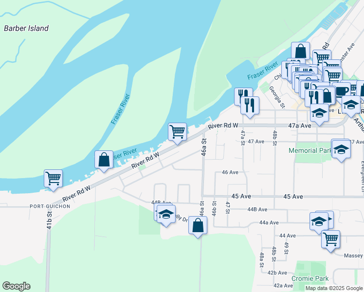 map of restaurants, bars, coffee shops, grocery stores, and more near 4572 River Road West in Delta