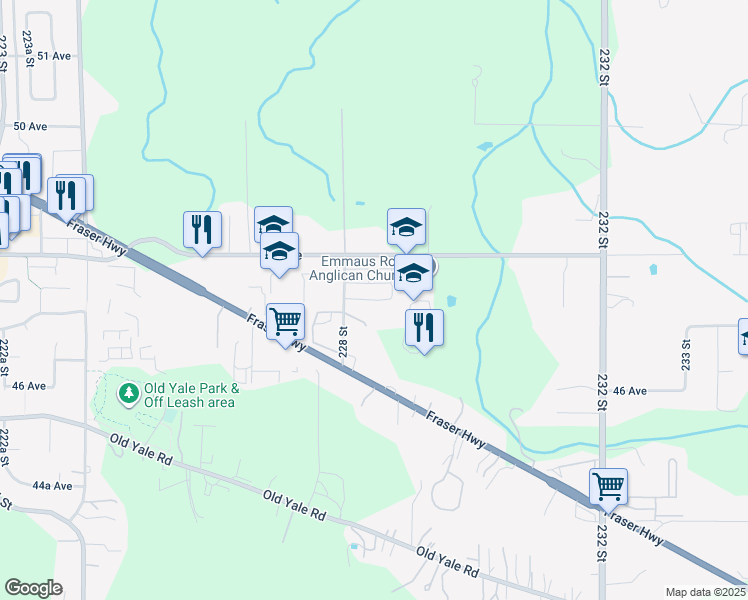 map of restaurants, bars, coffee shops, grocery stores, and more near 4750 228 Street in Langley Township