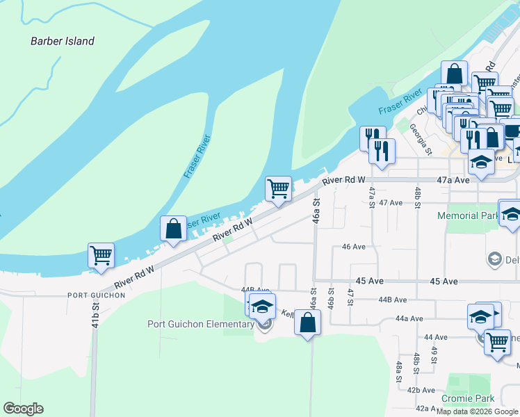 map of restaurants, bars, coffee shops, grocery stores, and more near 4504 River Road West in Delta