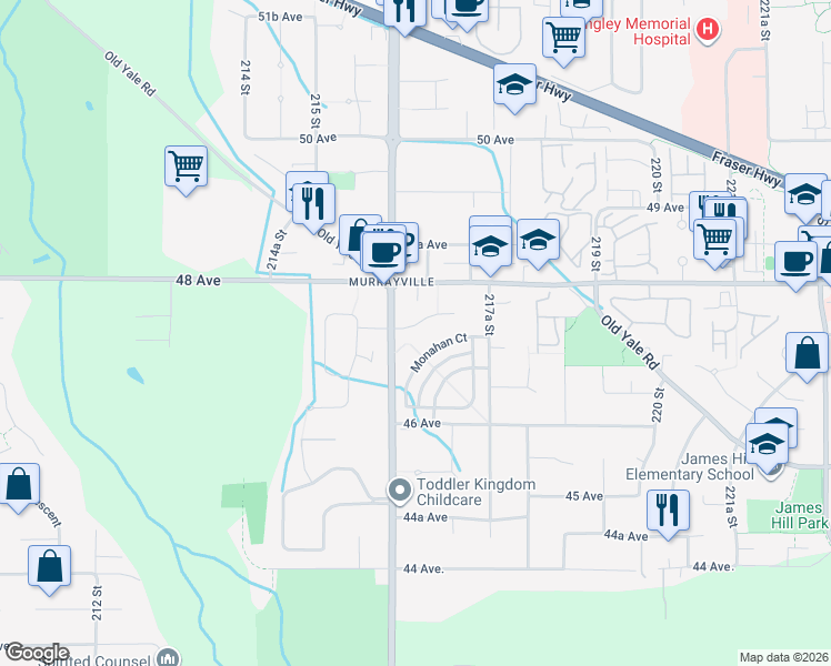 map of restaurants, bars, coffee shops, grocery stores, and more near 21628 47A Avenue in Langley