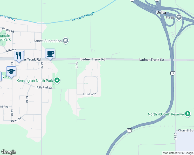 map of restaurants, bars, coffee shops, grocery stores, and more near 6798 London Drive in Delta