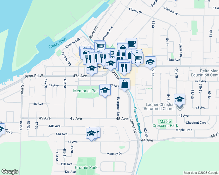 map of restaurants, bars, coffee shops, grocery stores, and more near 4686 51 Street in Delta