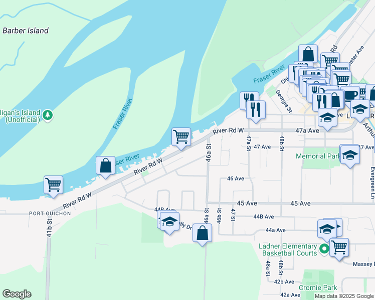 map of restaurants, bars, coffee shops, grocery stores, and more near 4576 River Road West in Delta