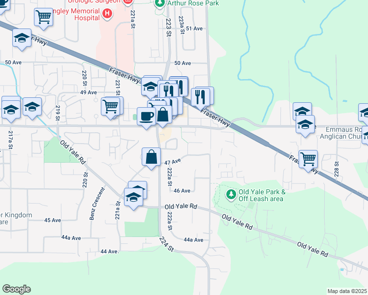 map of restaurants, bars, coffee shops, grocery stores, and more near 4723 223 Street in Langley