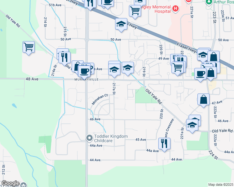 map of restaurants, bars, coffee shops, grocery stores, and more near 4722 217A Street in Langley